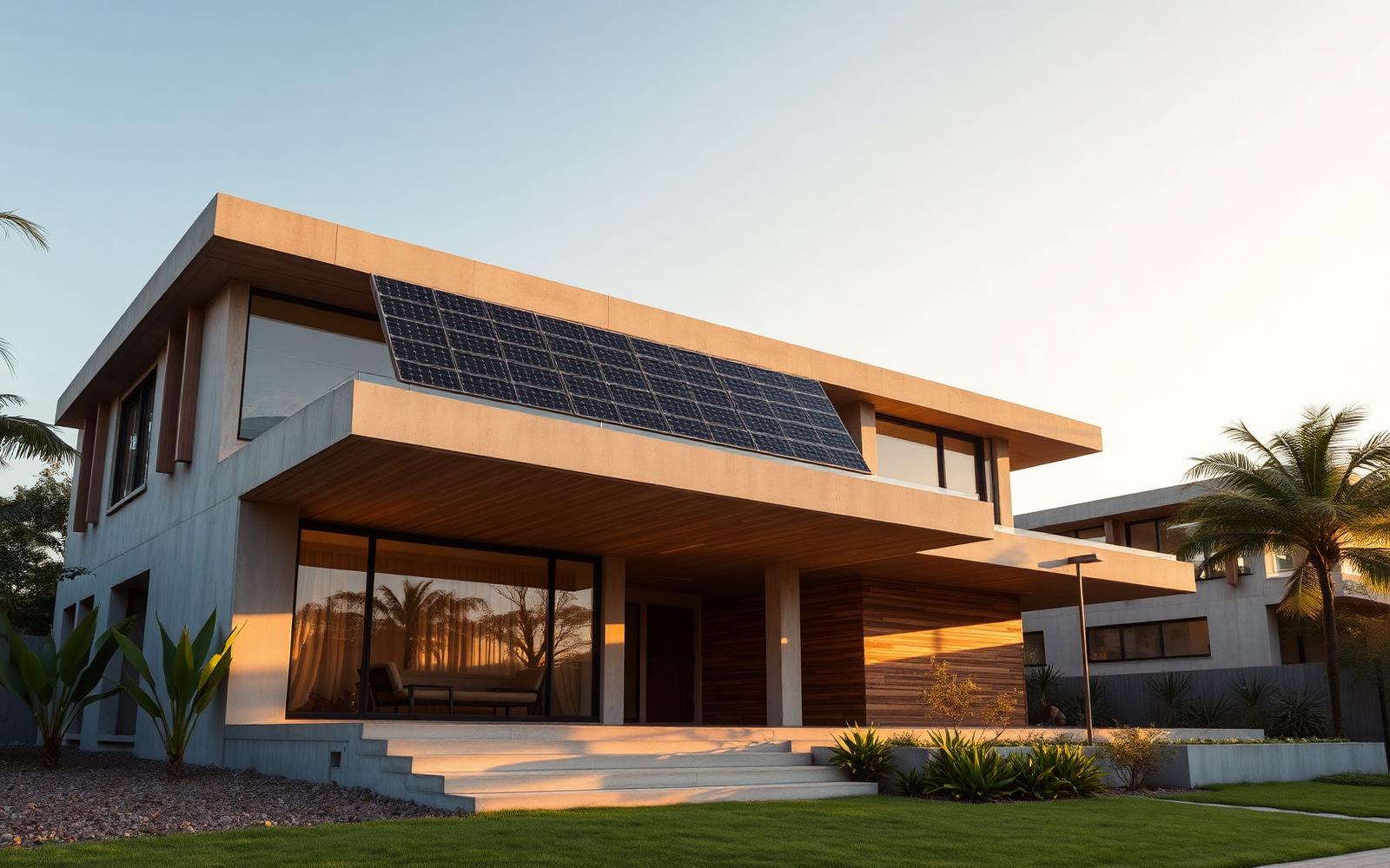 Residência contemporânea com painéis solares integrados ao telhado ao fim da tarde